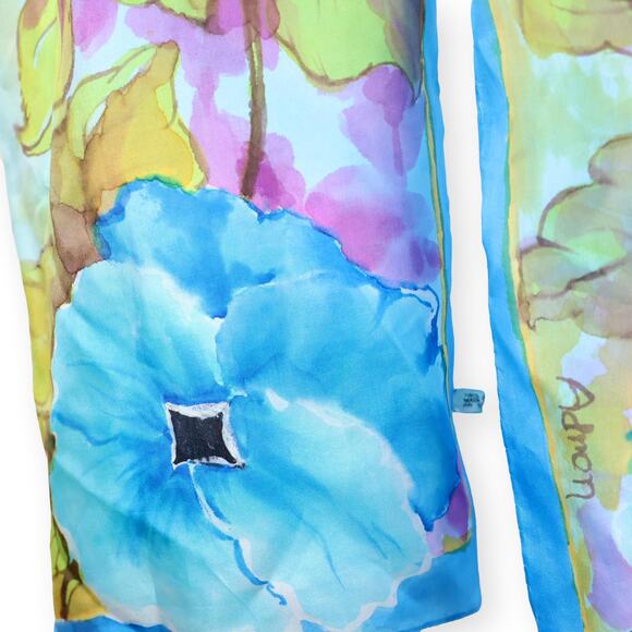 Adron Watercolor Blue Yellow Pink Silk Narrow Rectangle Scarf - Picture 5 of 7